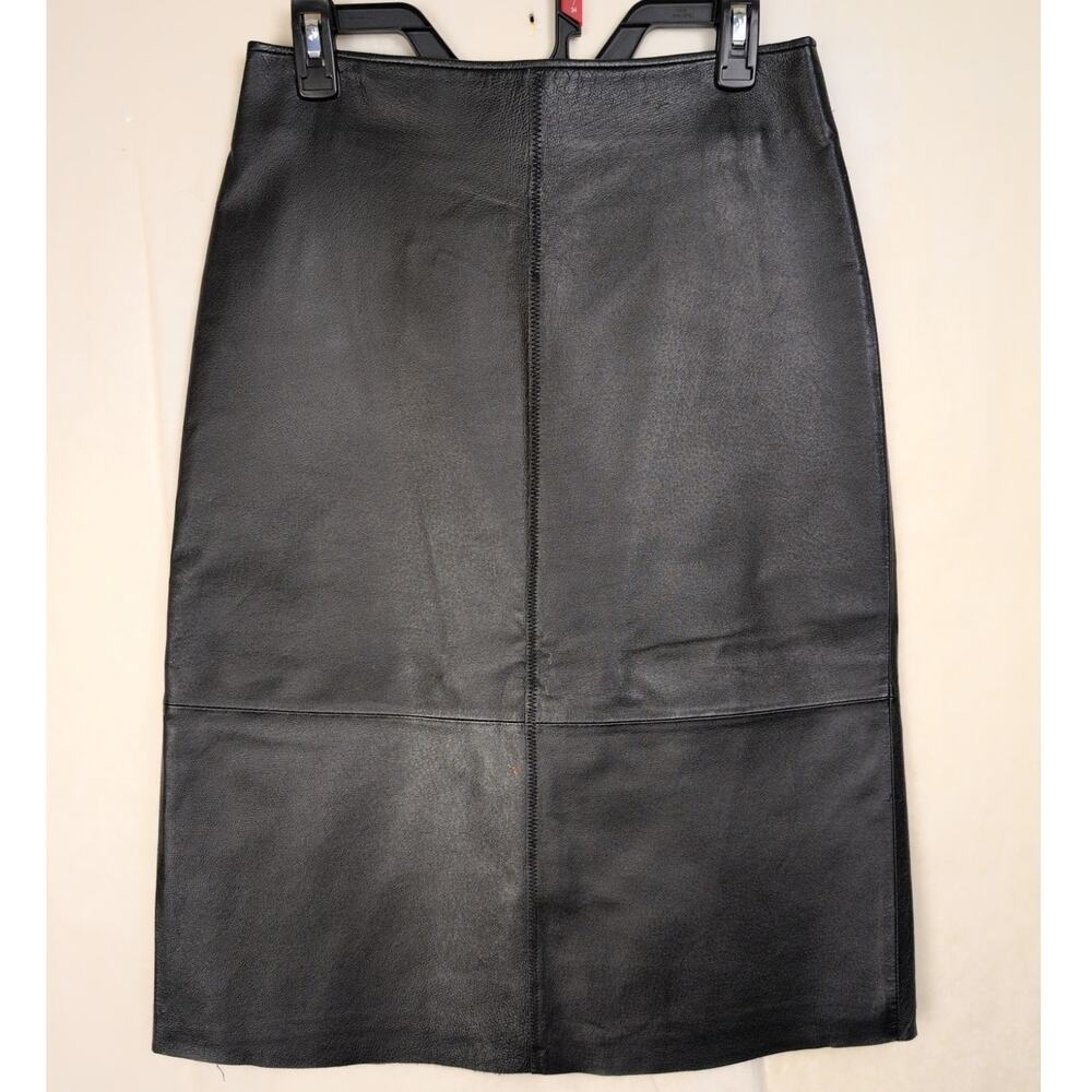Vintage Leather Clio black midi skirt size 6 Luxe Retro Minimal Grunge Career